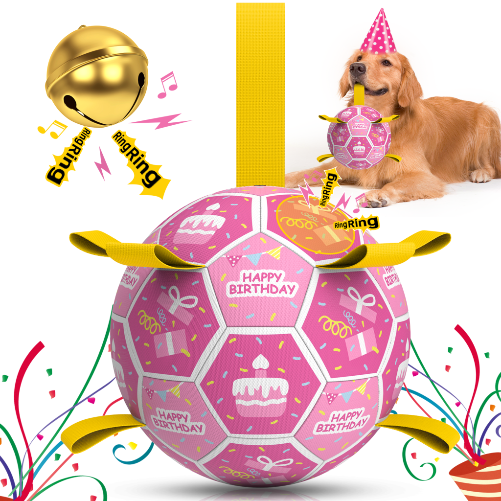 Pink Birthday Dog Soccer Ball with Bell & Straps | Large Dogs ?C 8 inch