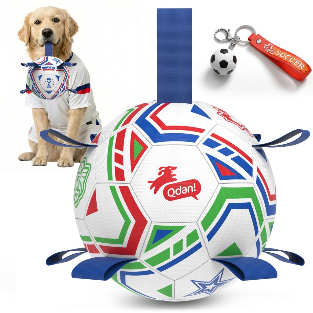 White World Cup Lines Dog Soccer Ball with Straps | Large Dogs ?C 8 inch