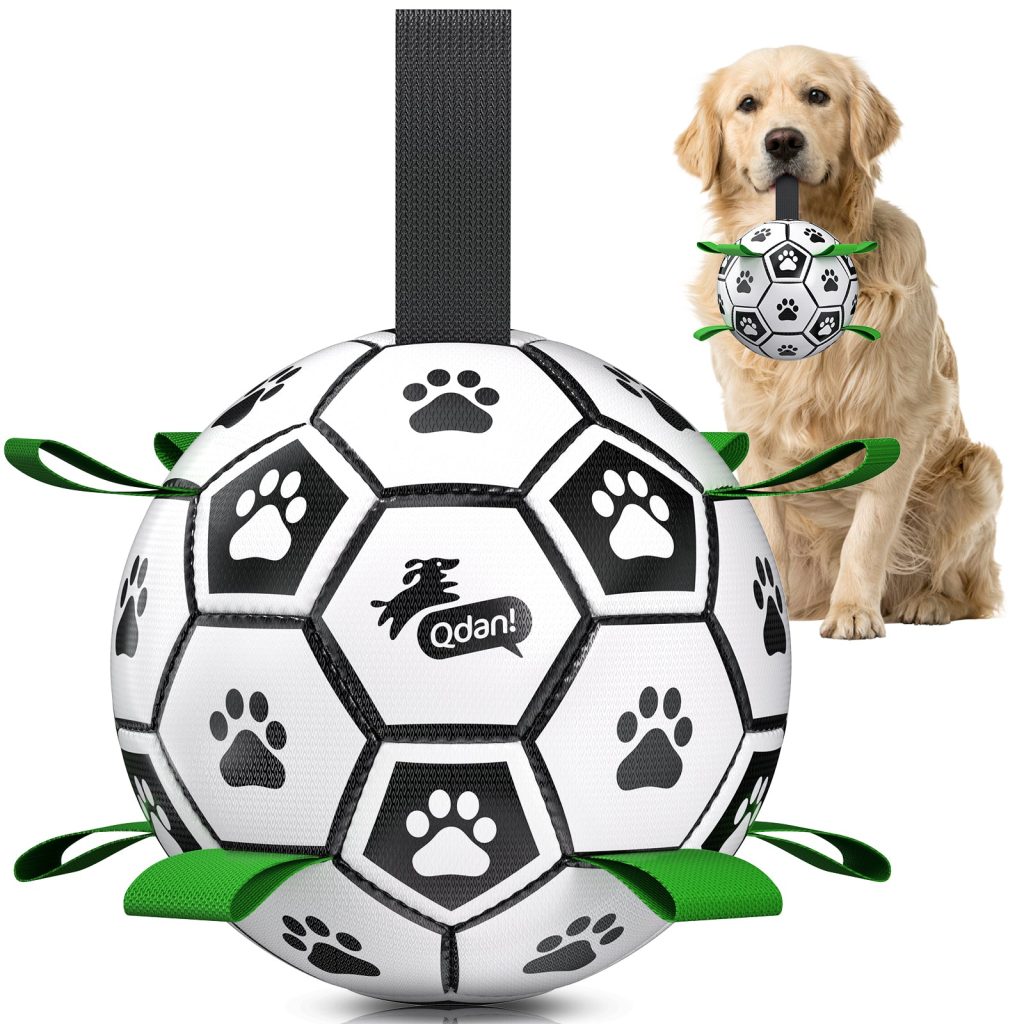 Classic Black & White Dog Soccer Ball with Straps | Large Dogs ?C 8 inch