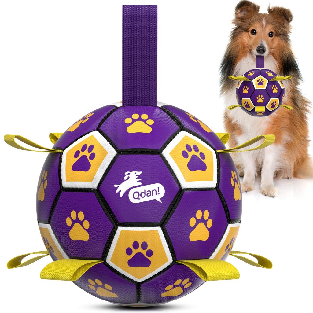 Purple Yellow Dog Soccer Ball with Straps | Large Dogs ?C 8 inch