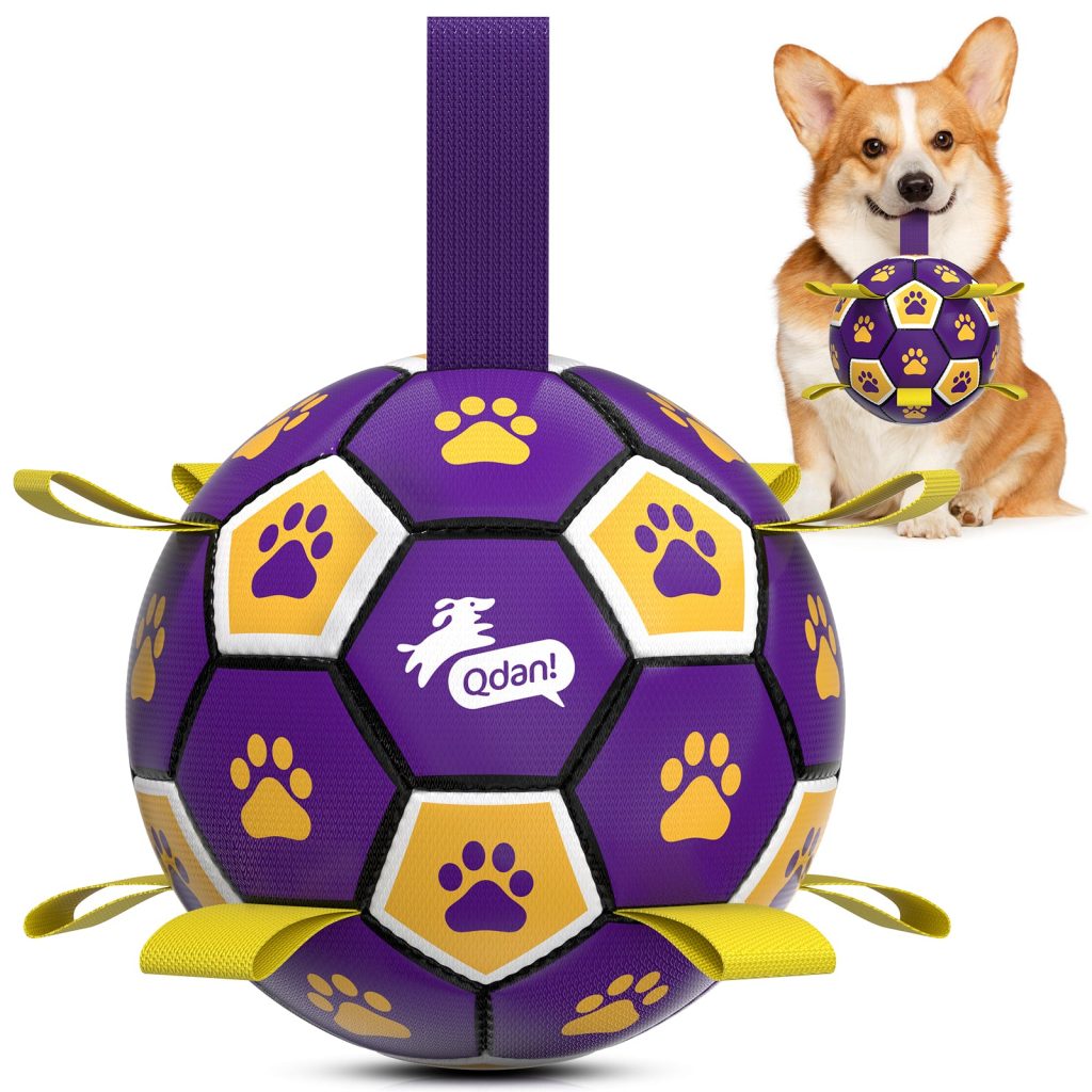 Purple Yellow Dog Soccer Ball with Straps | Medium Dogs ?C 6 inch