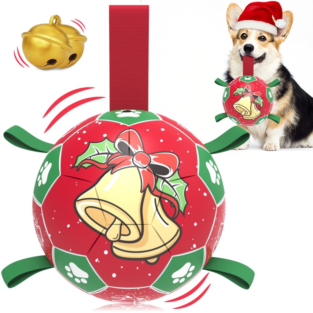 Red Green Christmas Bell Dog Soccer Ball with Straps | Large Dogs ?C 8 inch