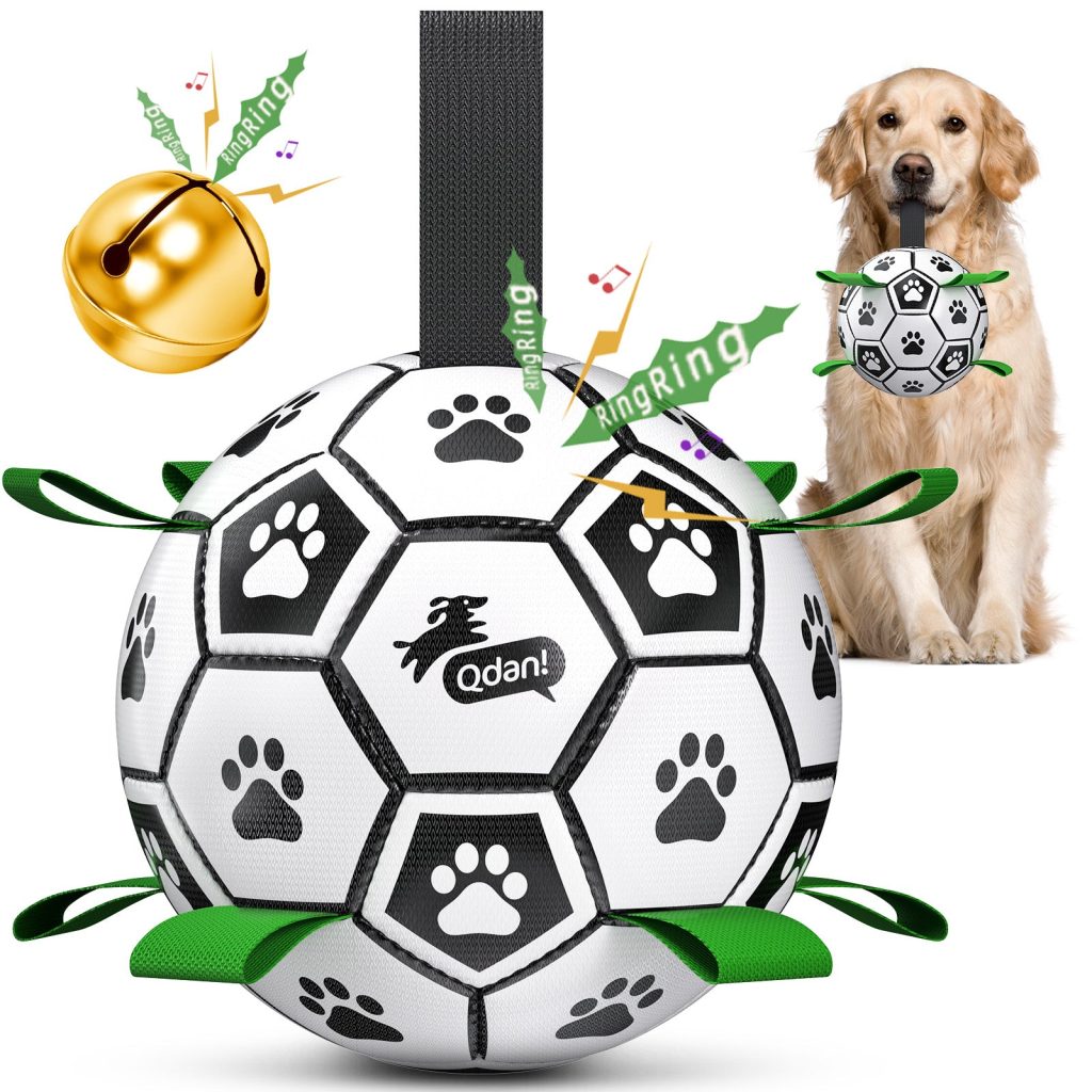 Classic Black & White Dog Soccer Ball with Bell & Ropes | Large Dogs ?C 8 inch