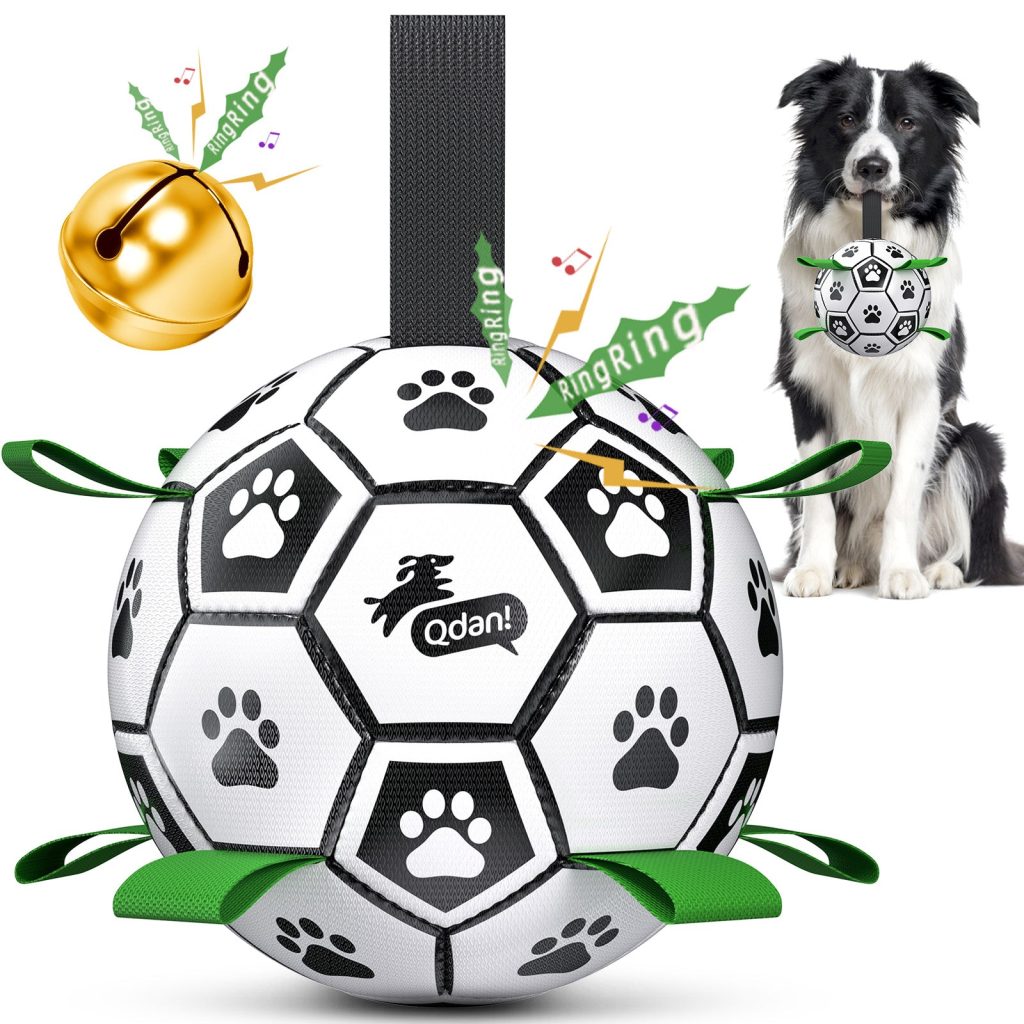 Classic Black & White Dog Soccer Ball with Bell & Ropes | Medium Dogs ?C 6 inch