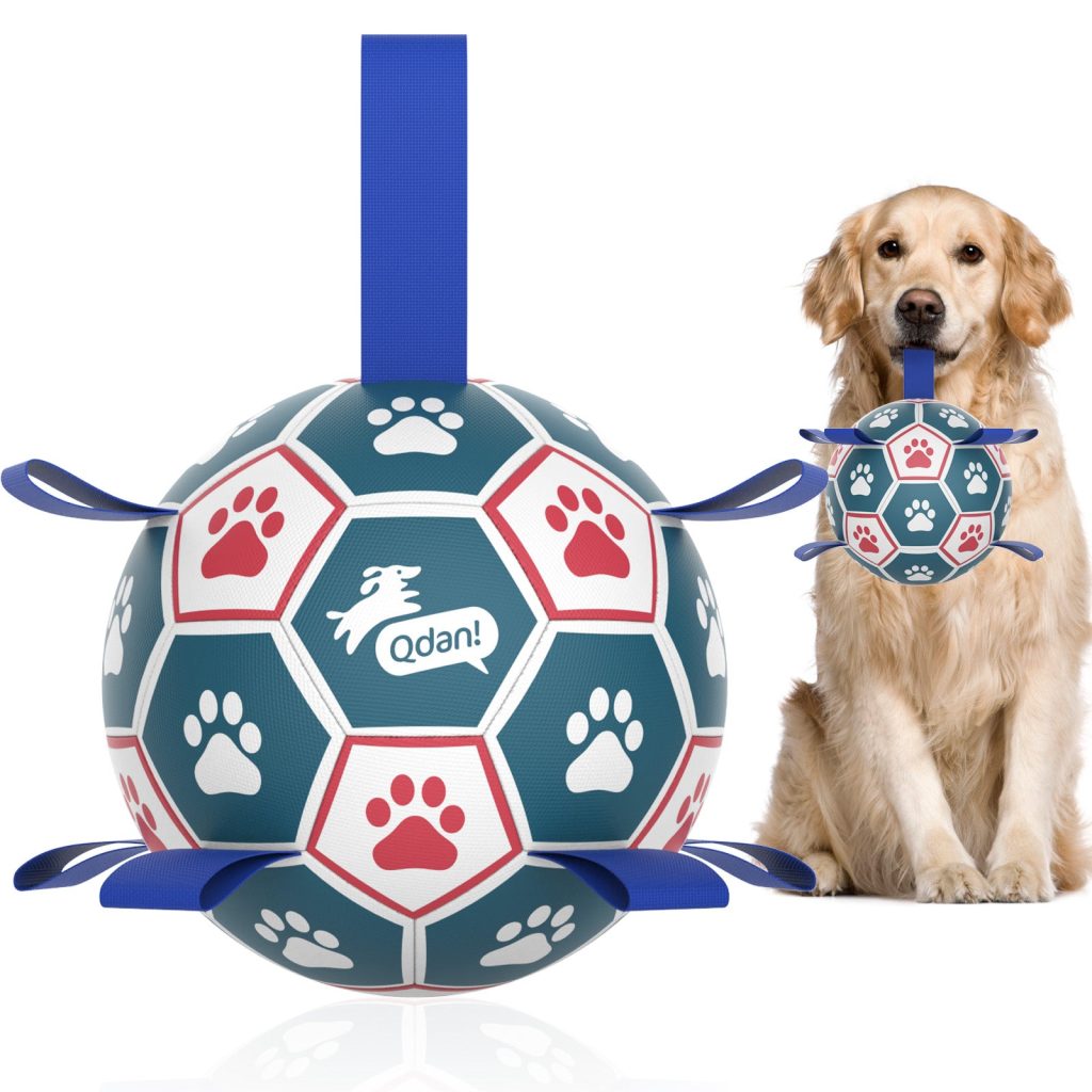 Blue White Dog Soccer Ball with Straps | Large Dogs ?C 8 inch